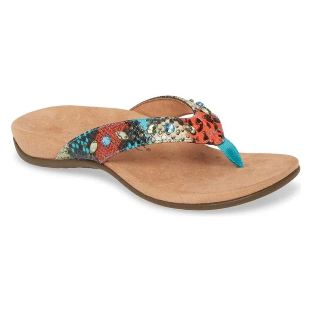 Vionic $90 Size 9 Wide Lucia Snake Skin Orange Teal Rhinestone Orthotic Sandals
